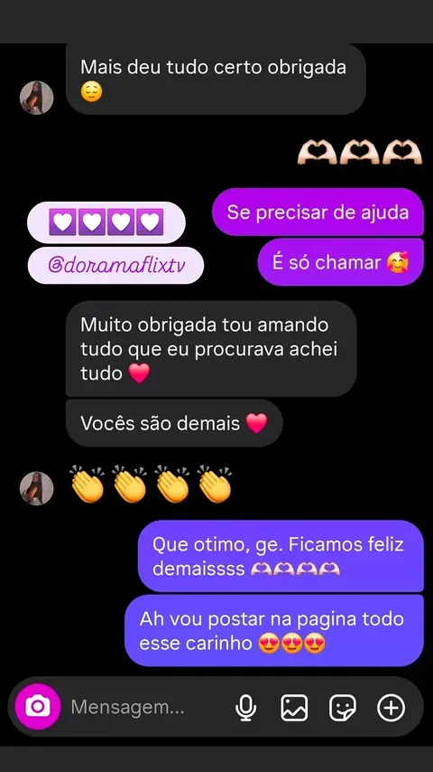 Cliente satisfeita com o atendimento do DoramaFLIX
